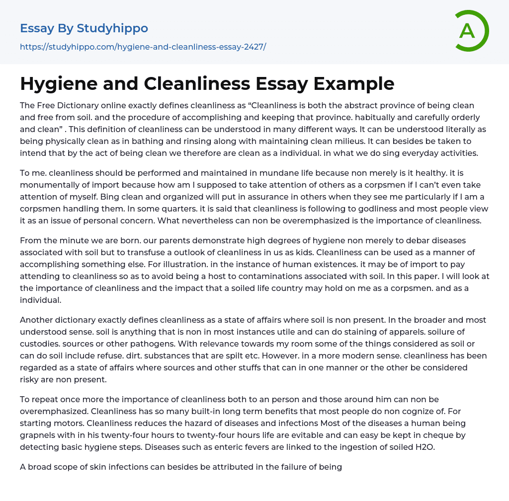 Hygiene and Cleanliness Essay Example