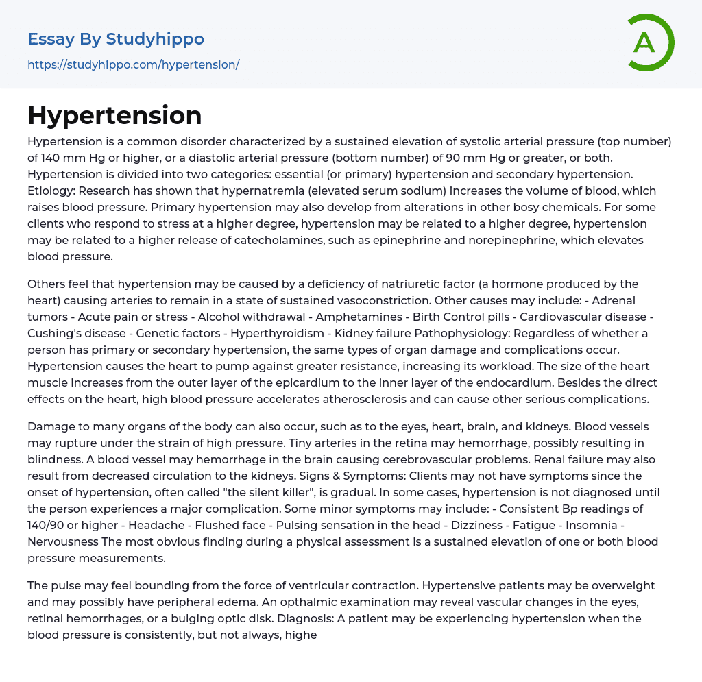 Hypertension Essay Example