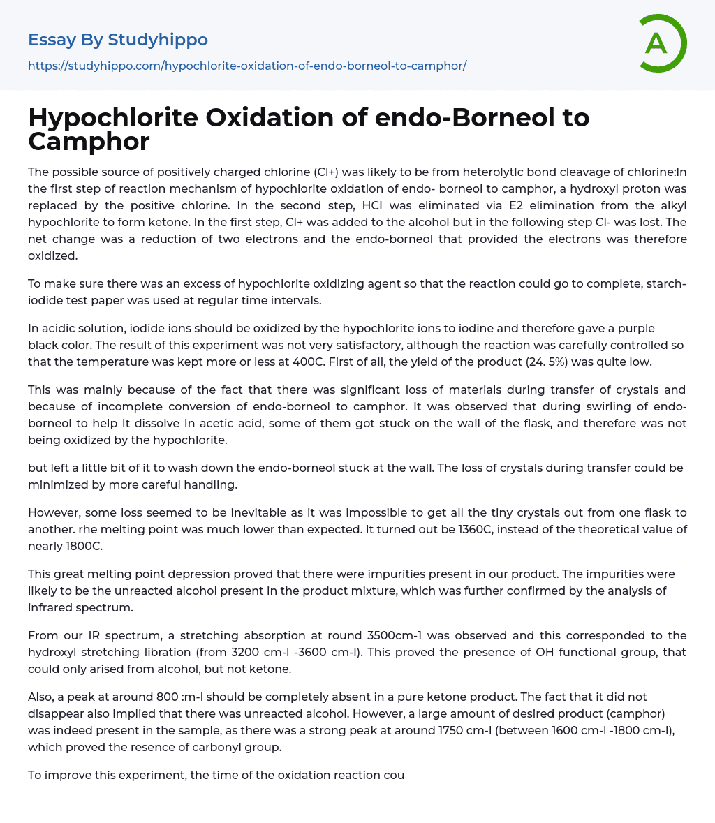 Hypochlorite Oxidation of endo-Borneol to Camphor Essay Example