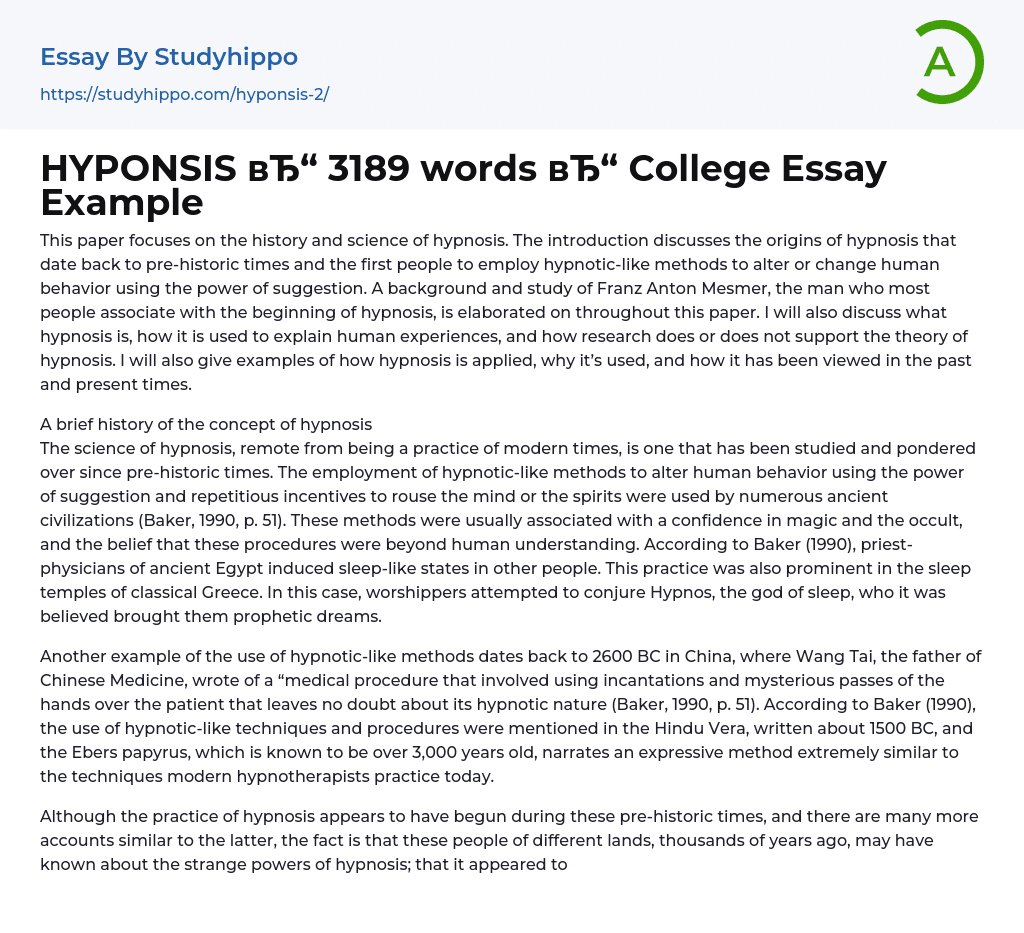 HYPONSIS 3189 words College Essay Example