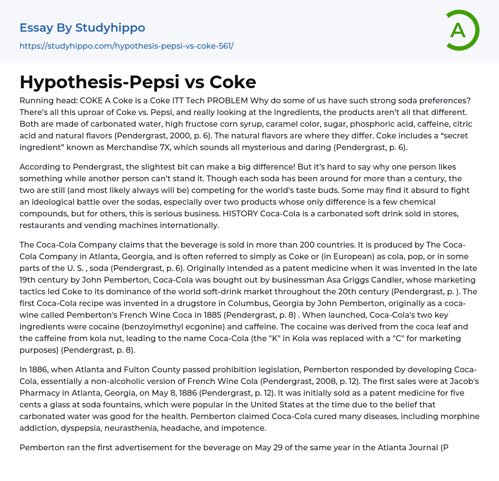 Hypothesis: Pepsi vs Coca-Cola Essay Example