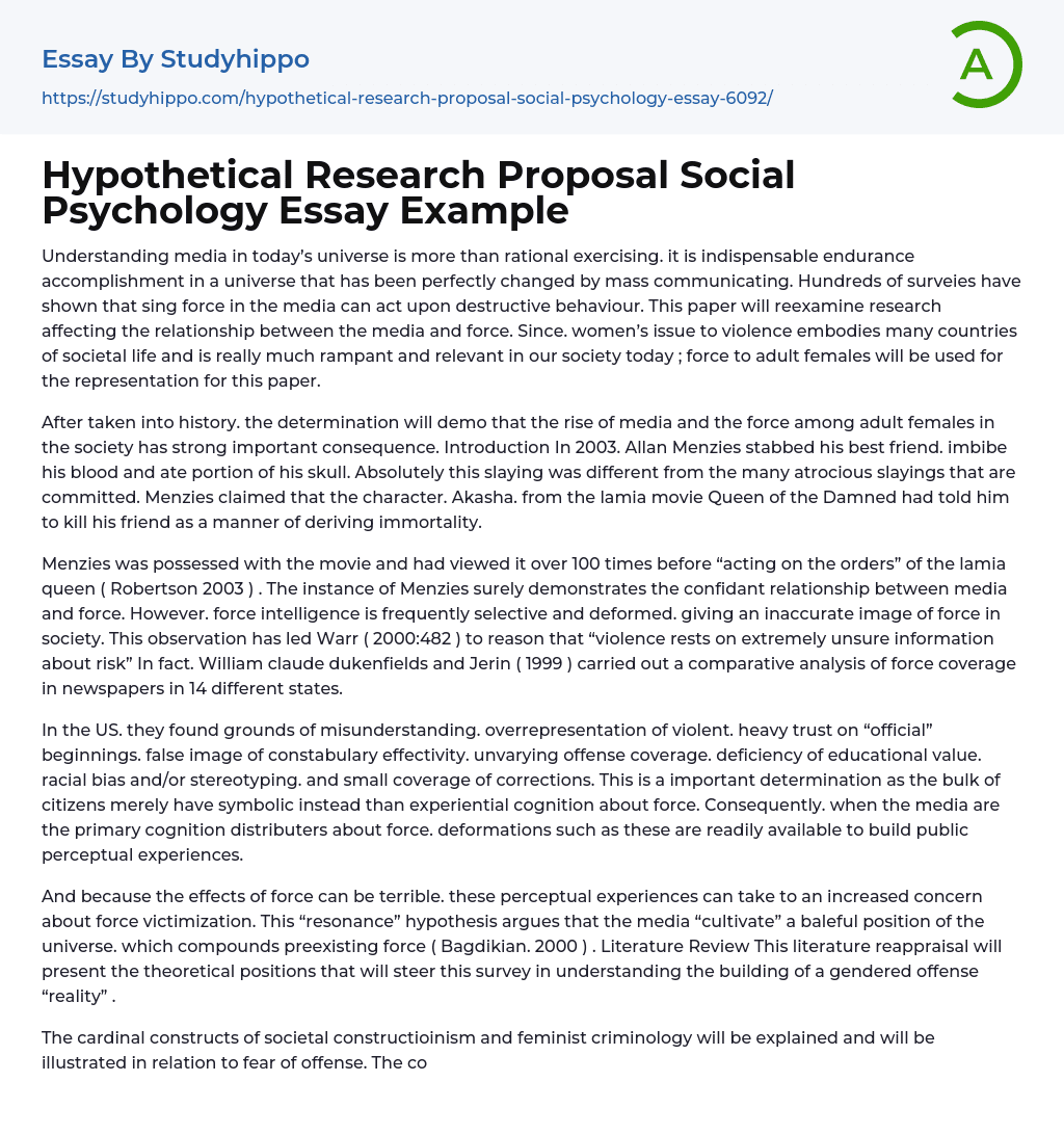 Hypothetical Research Proposal Social Psychology Essay Example
