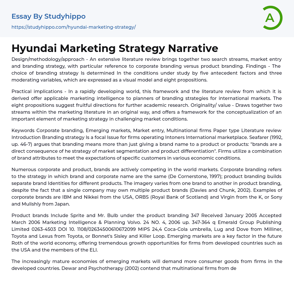 Hyundai Marketing Strategy Narrative Essay Example