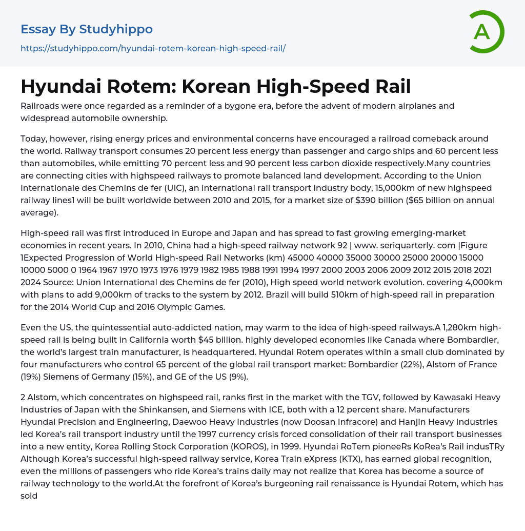 Hyundai Rotem: Korean High-Speed Rail Essay Example