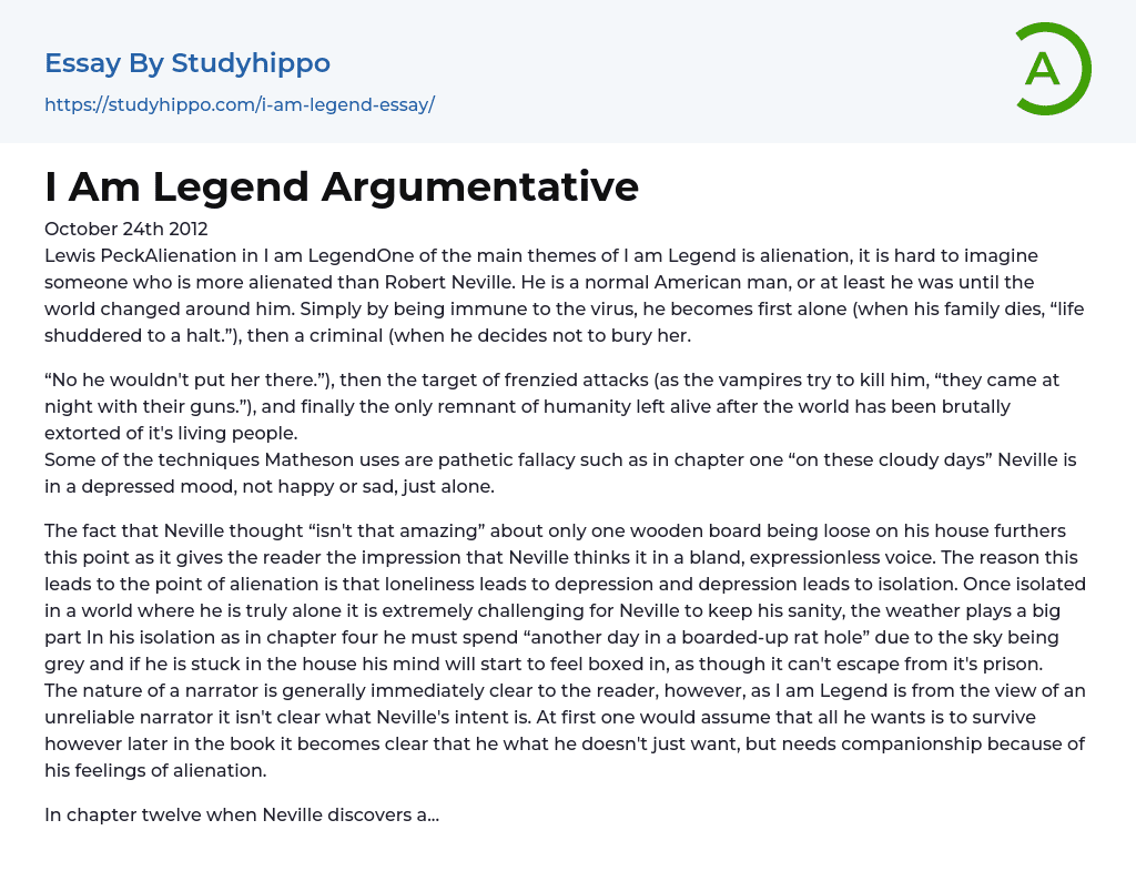 I Am Legend Argumentative Essay Example
