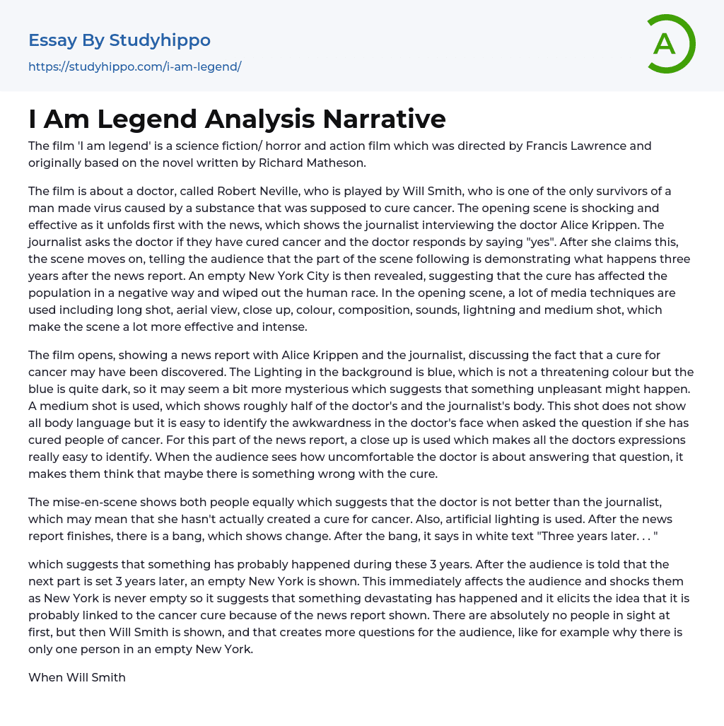 I Am Legend Analysis Narrative Essay Example