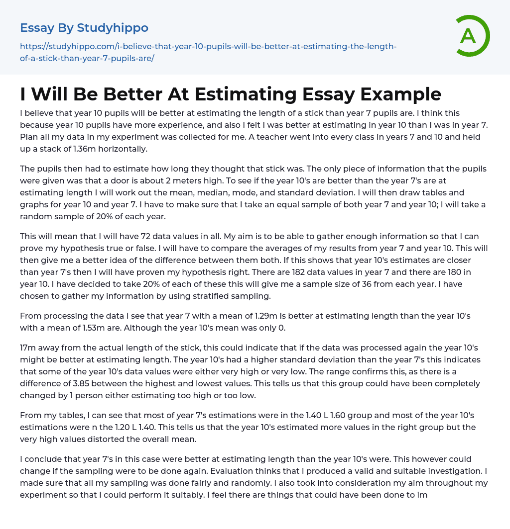 I Will Be Better At Estimating Essay Example