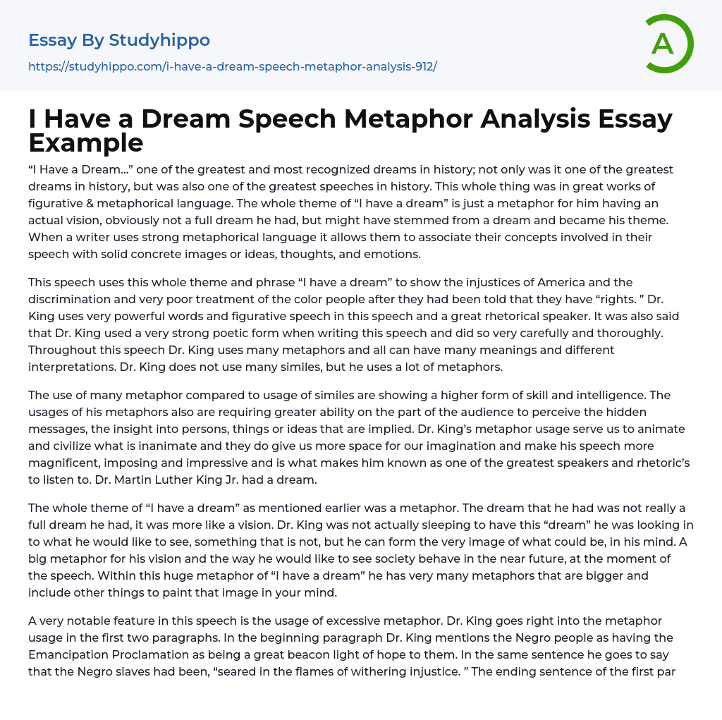 I Have a Dream Speech Metaphor Analysis Essay Example