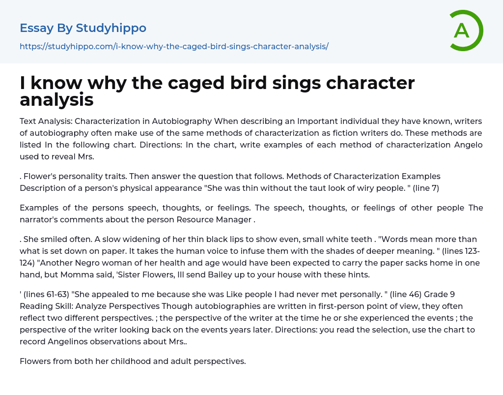 I know why the caged bird sings character analysis Essay Example