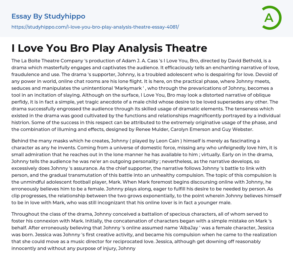 I Love You Bro Play Analysis Theatre Essay Example