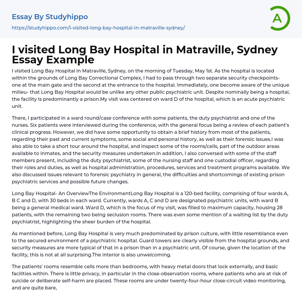 I visited Long Bay Hospital in Matraville, Sydney Essay Example