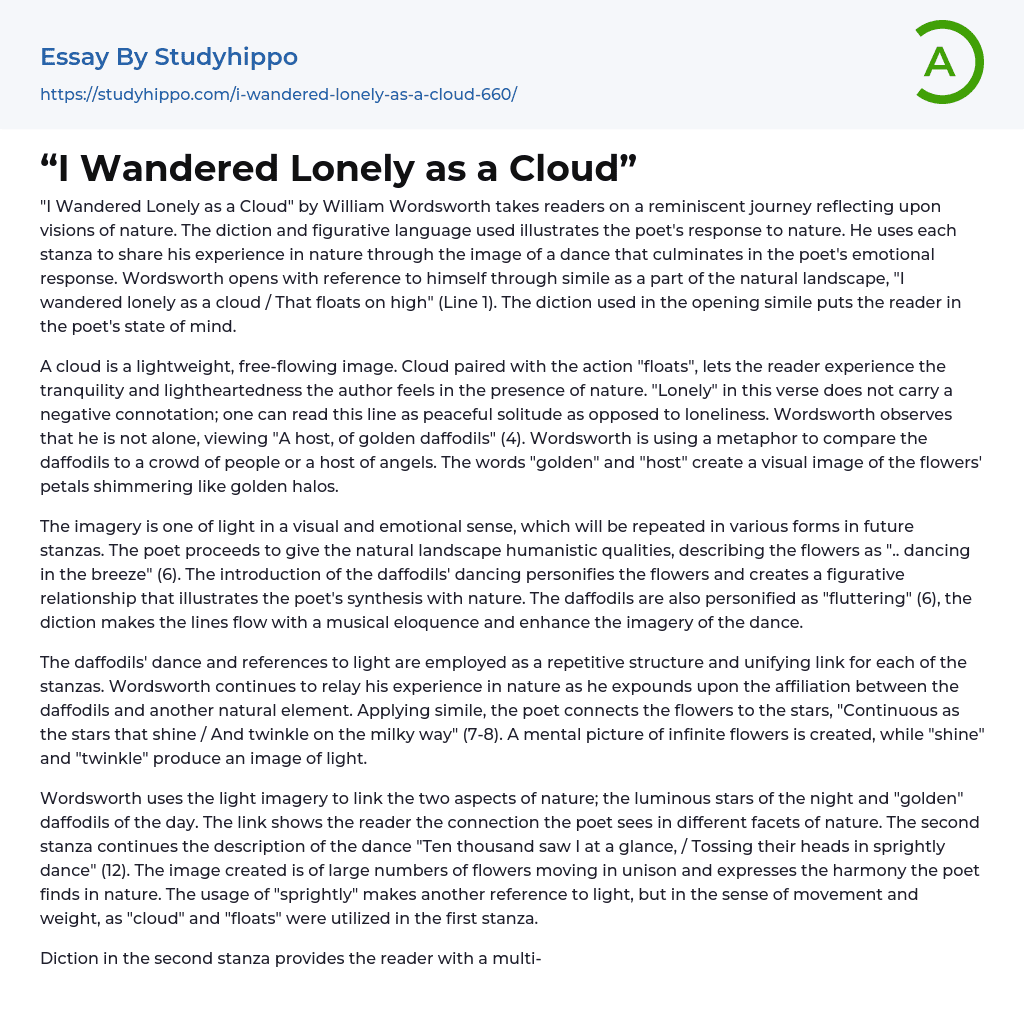 “I Wandered Lonely as a Cloud” Essay Example