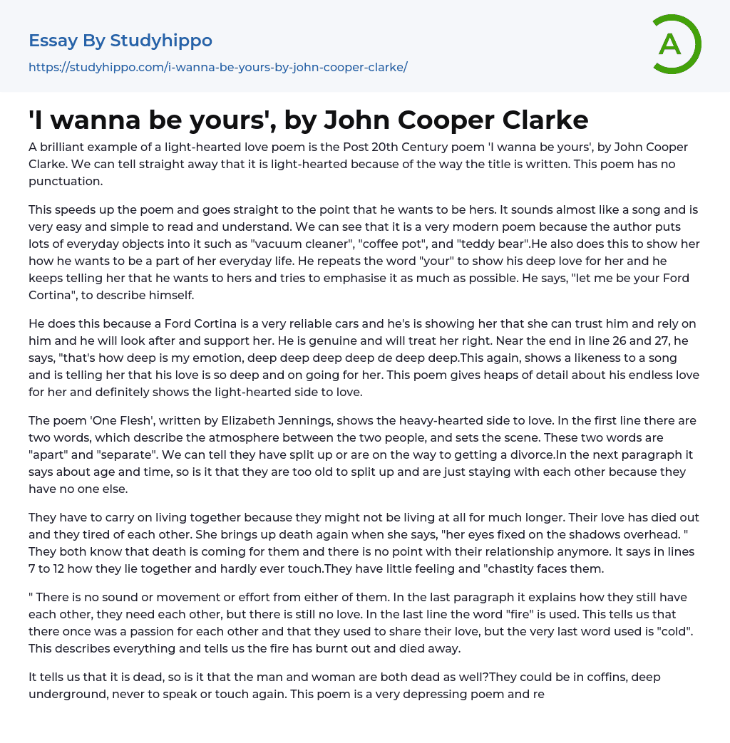 I wanna be yours’, by John Cooper Clarke Essay Example