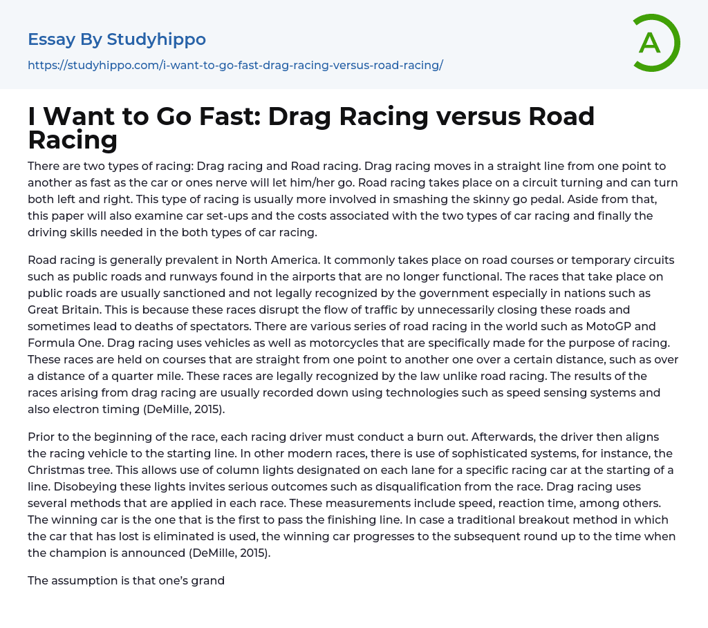 I Want to Go Fast: Drag Racing versus Road Racing Essay Example