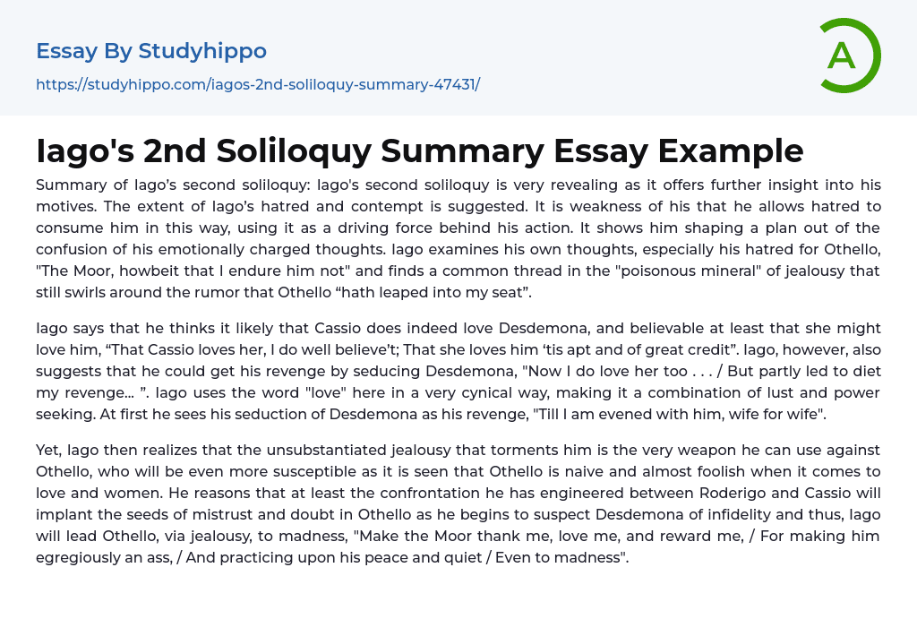 Iago’s 2nd Soliloquy Summary Essay Example