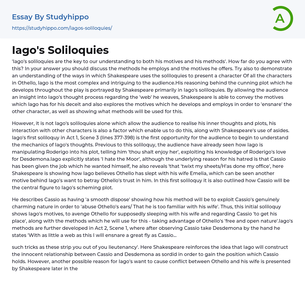 Iago’s Soliloquies Essay Example