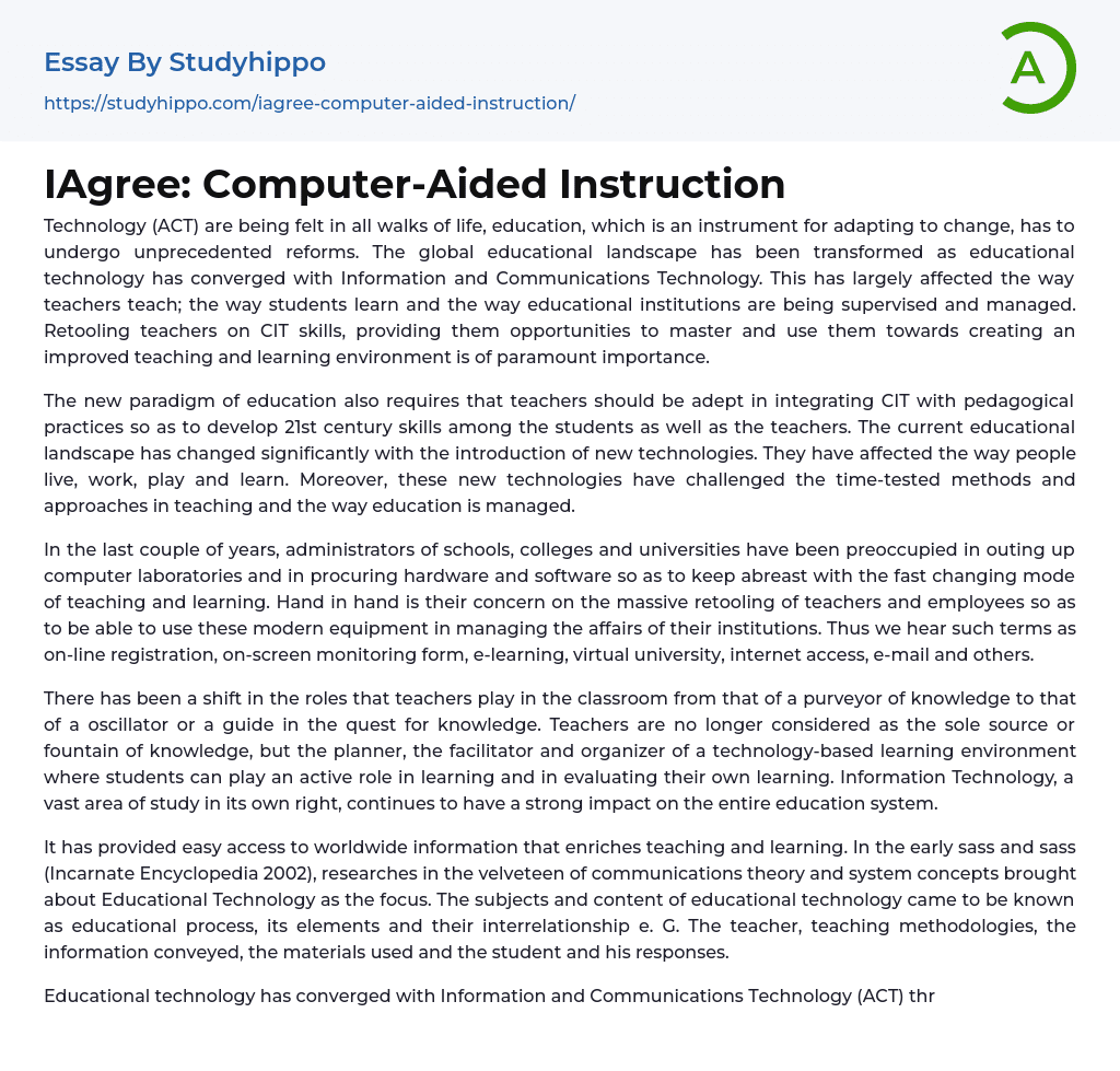 IAgree: Computer-Aided Instruction Essay Example