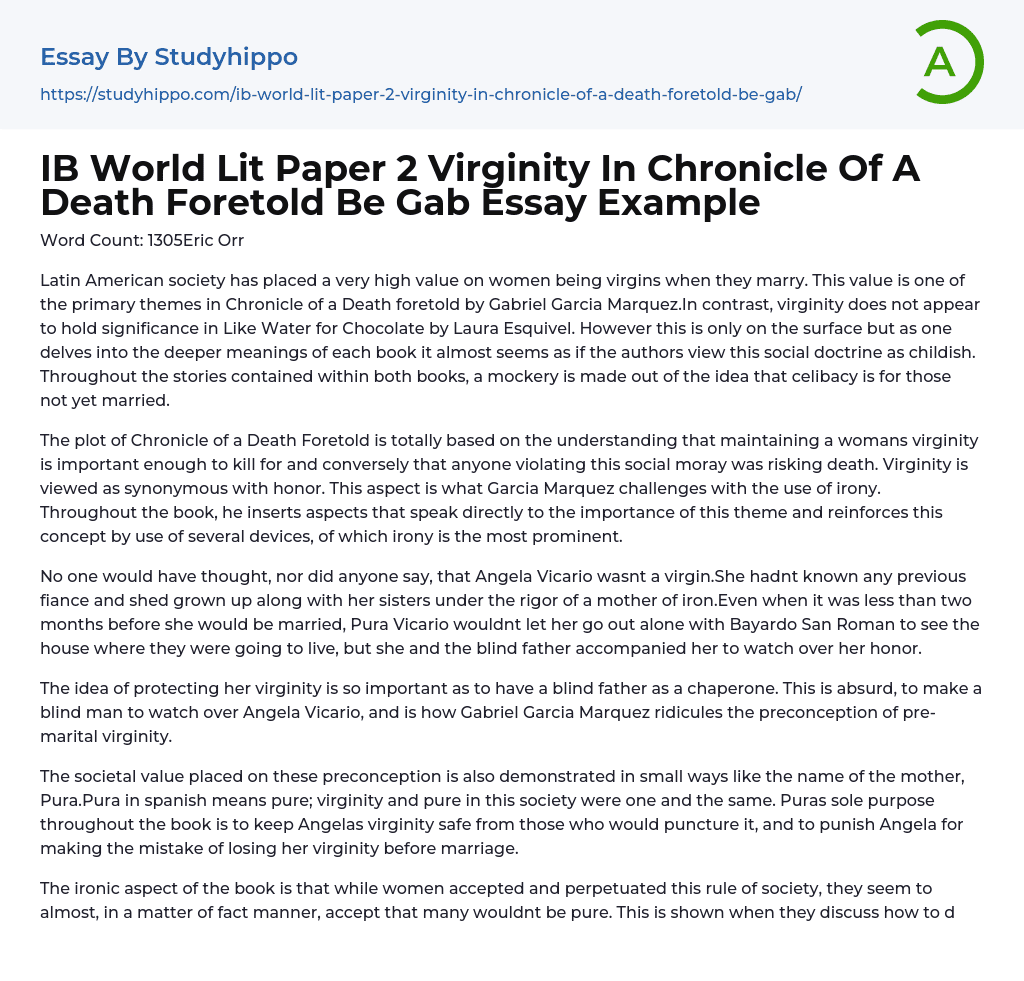 IB World Lit Paper 2 Virginity In Chronicle Of A Death Foretold Be Gab Essay Example
