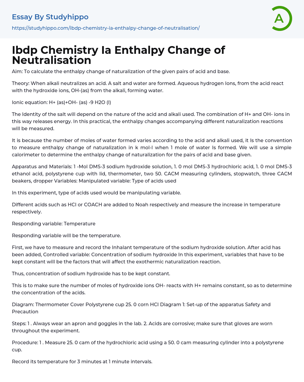 Ibdp Chemistry Ia Enthalpy Change of Neutralisation Essay Example