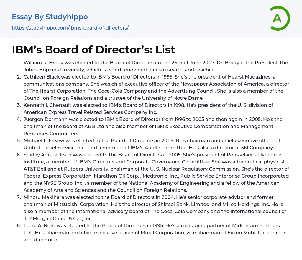 IBM’s Board of Director’s: List Essay Example
