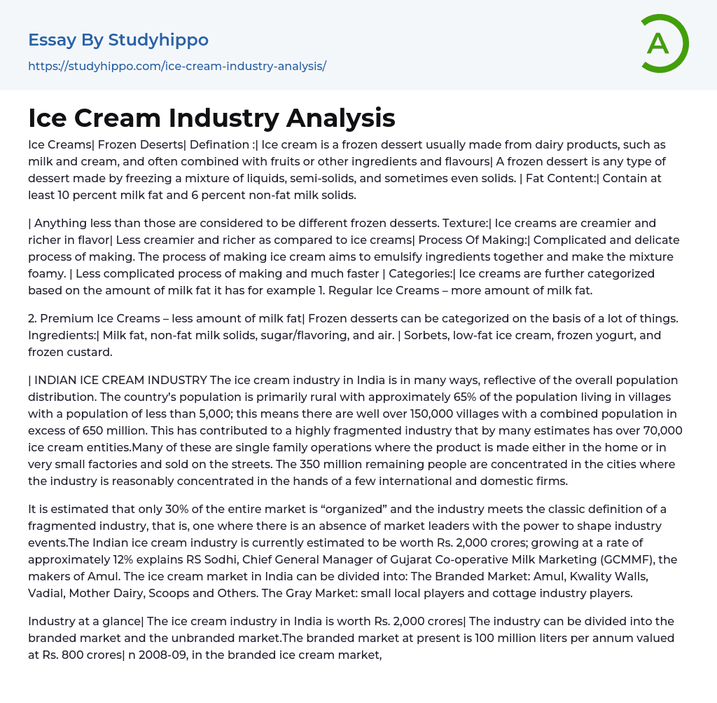 Ice Cream Is a Food Product-Dessert Essay Example
