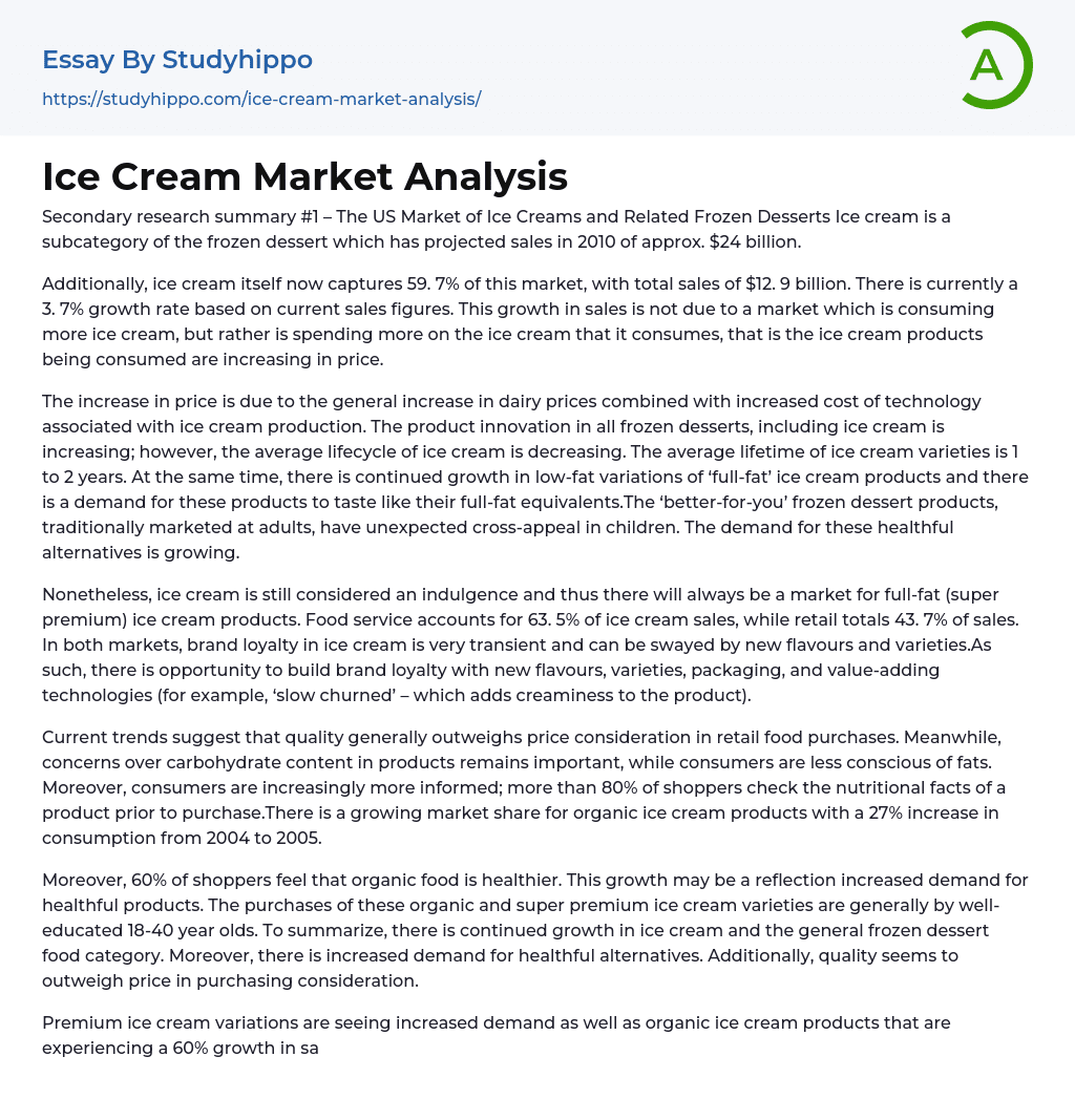 Ice Cream Market Analysis Essay Example