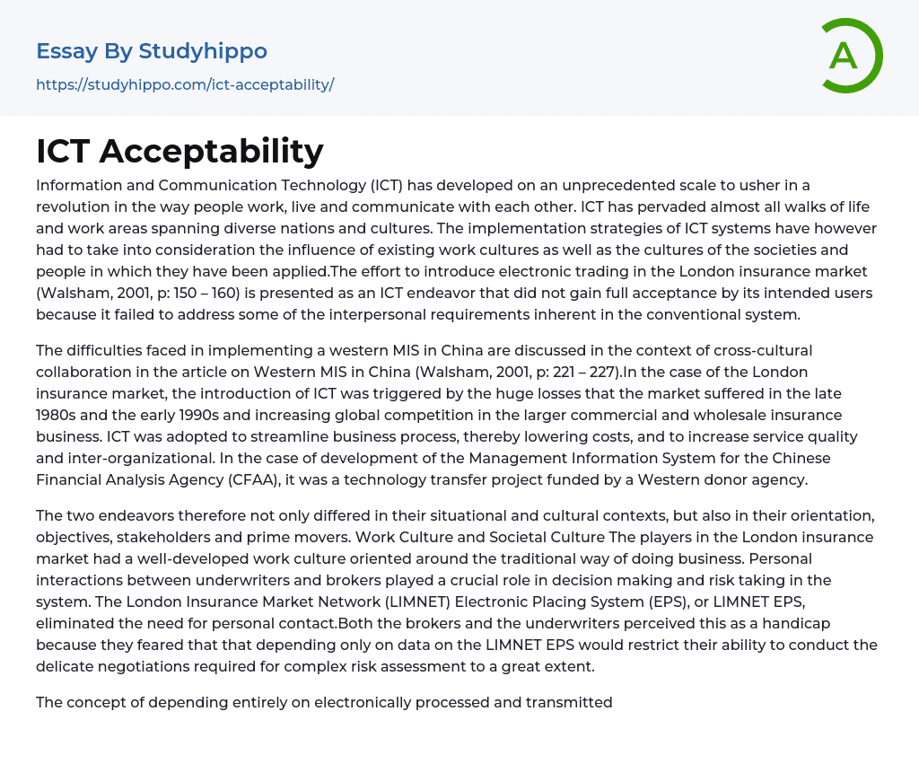 ICT Acceptability Essay Example