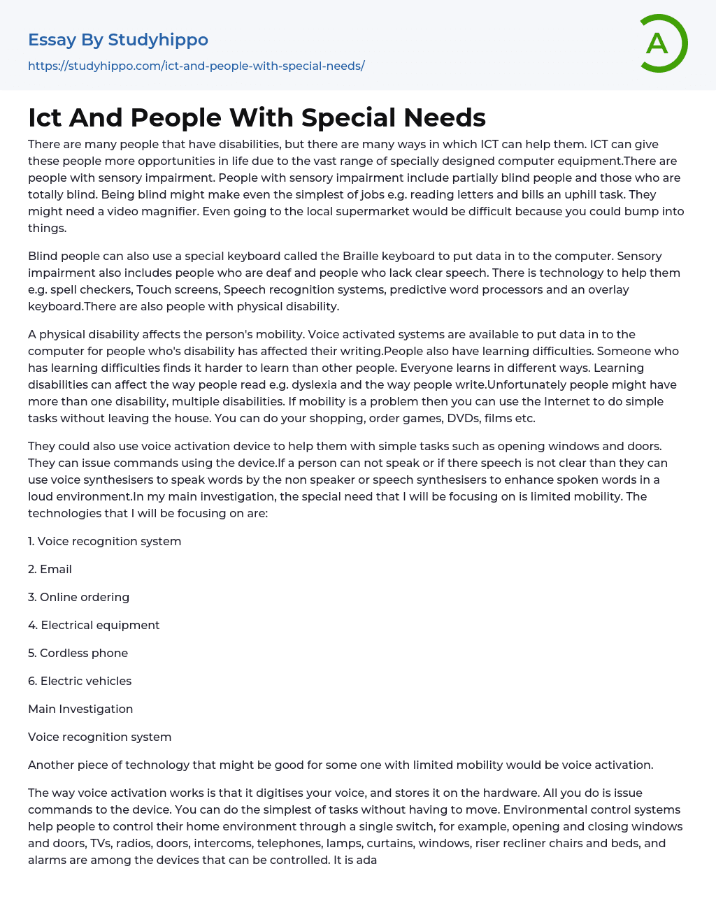 Ict And People With Special Needs Essay Example