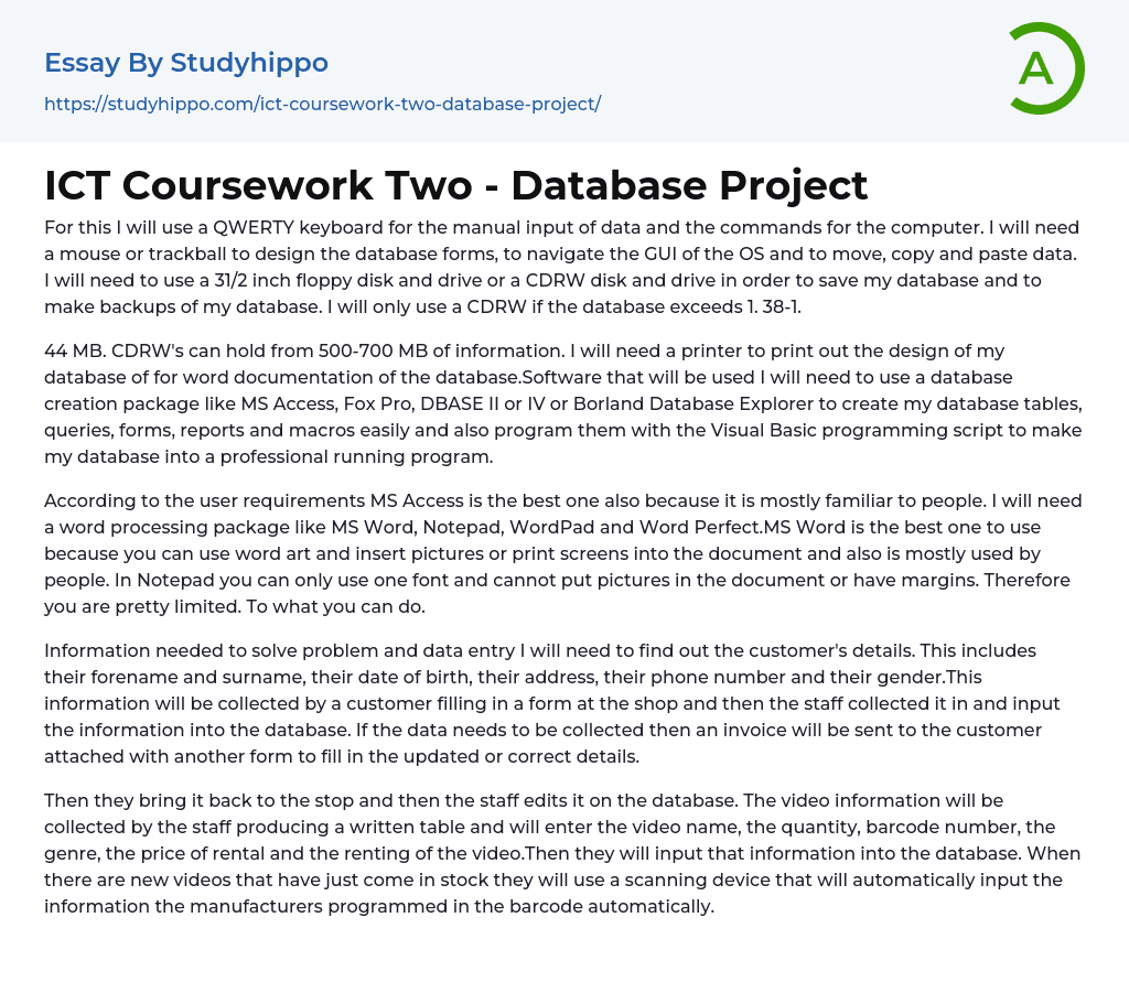 ICT Coursework Two – Database Project Essay Example