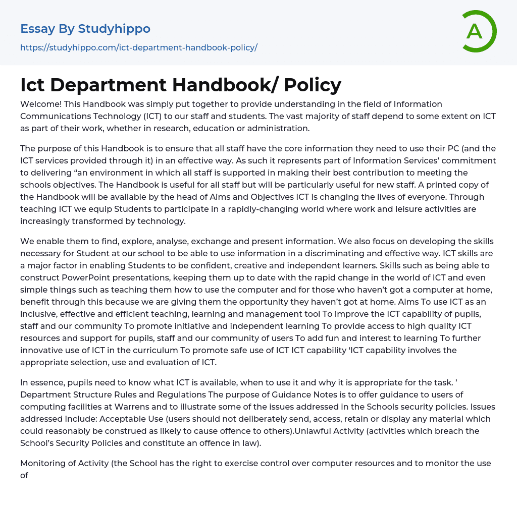 Ict Department Handbook/ Policy Essay Example