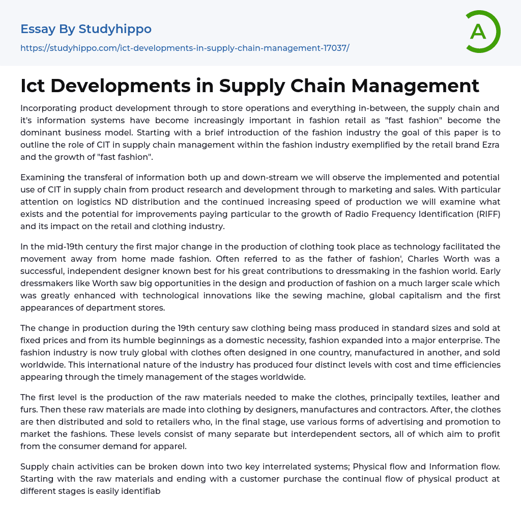 Ict Developments in Supply Chain Management Essay Example