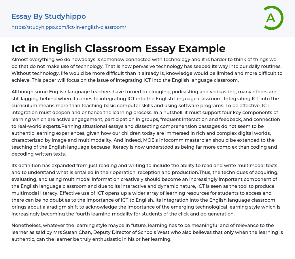 Ict in English Classroom Essay Example
