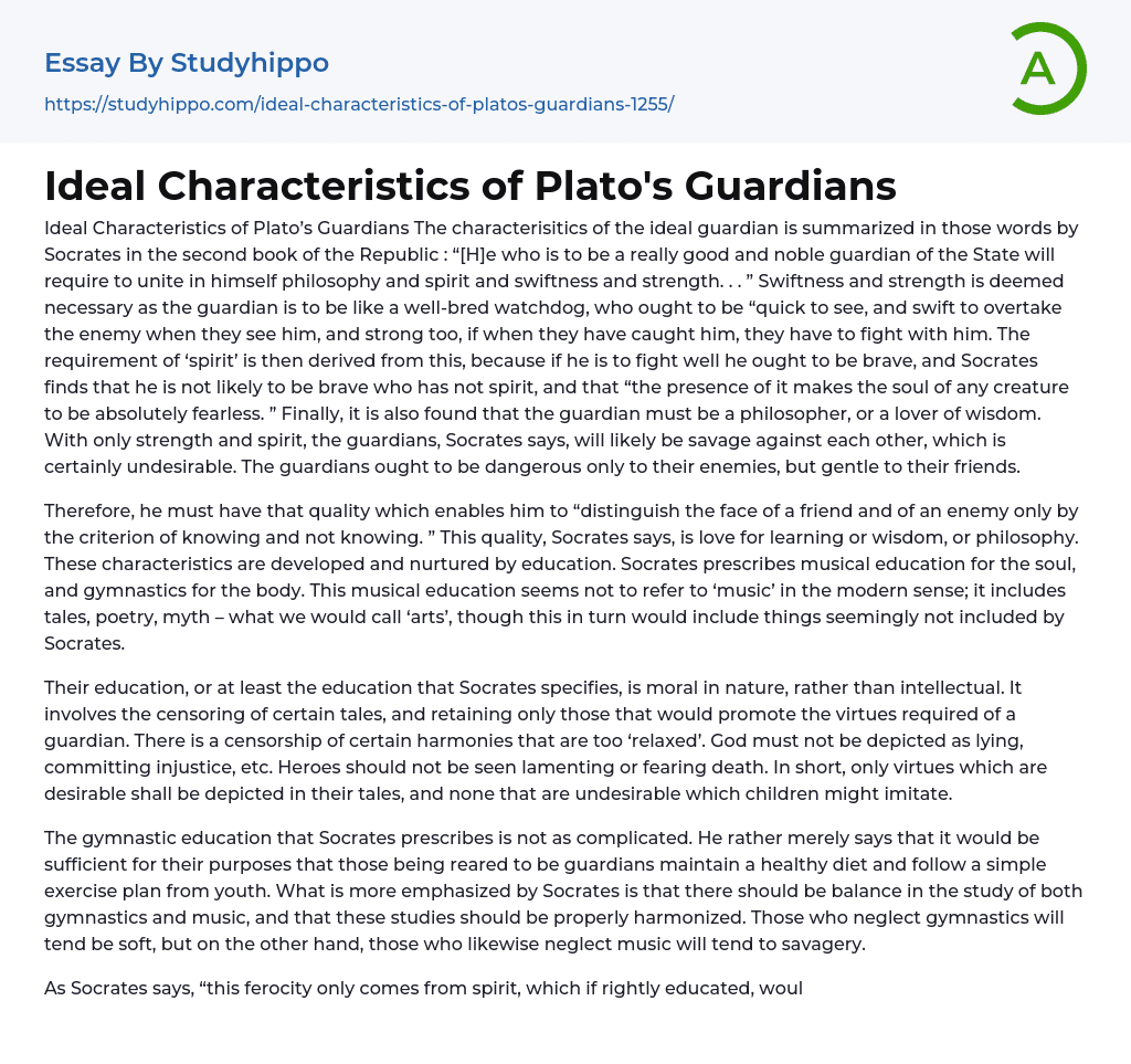 Ideal Characteristics of Plato’s Guardians Essay Example
