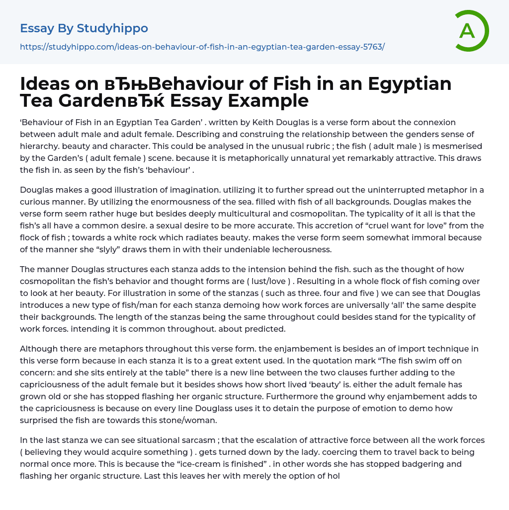 Ideas on “Behaviour of Fish in an Egyptian Tea Garden” Essay Example