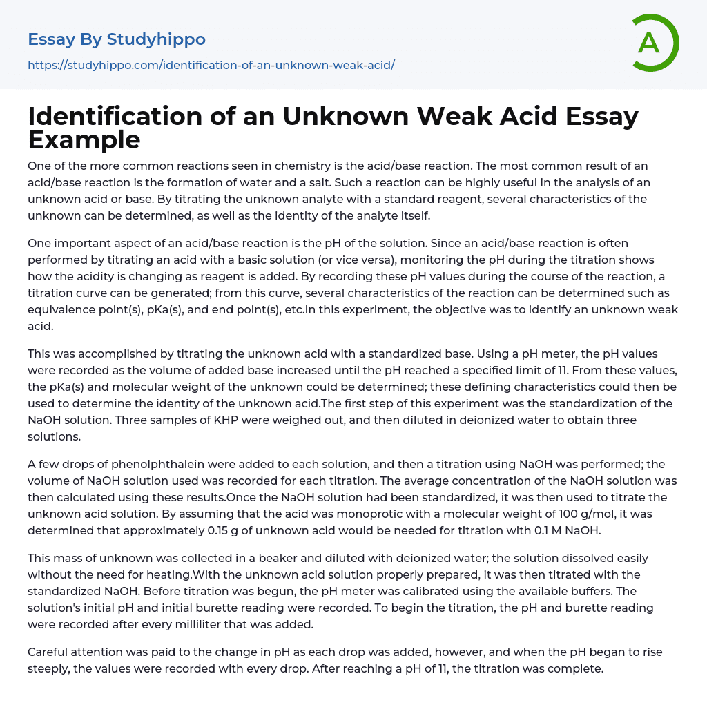 Identification of an Unknown Weak Acid Essay Example
