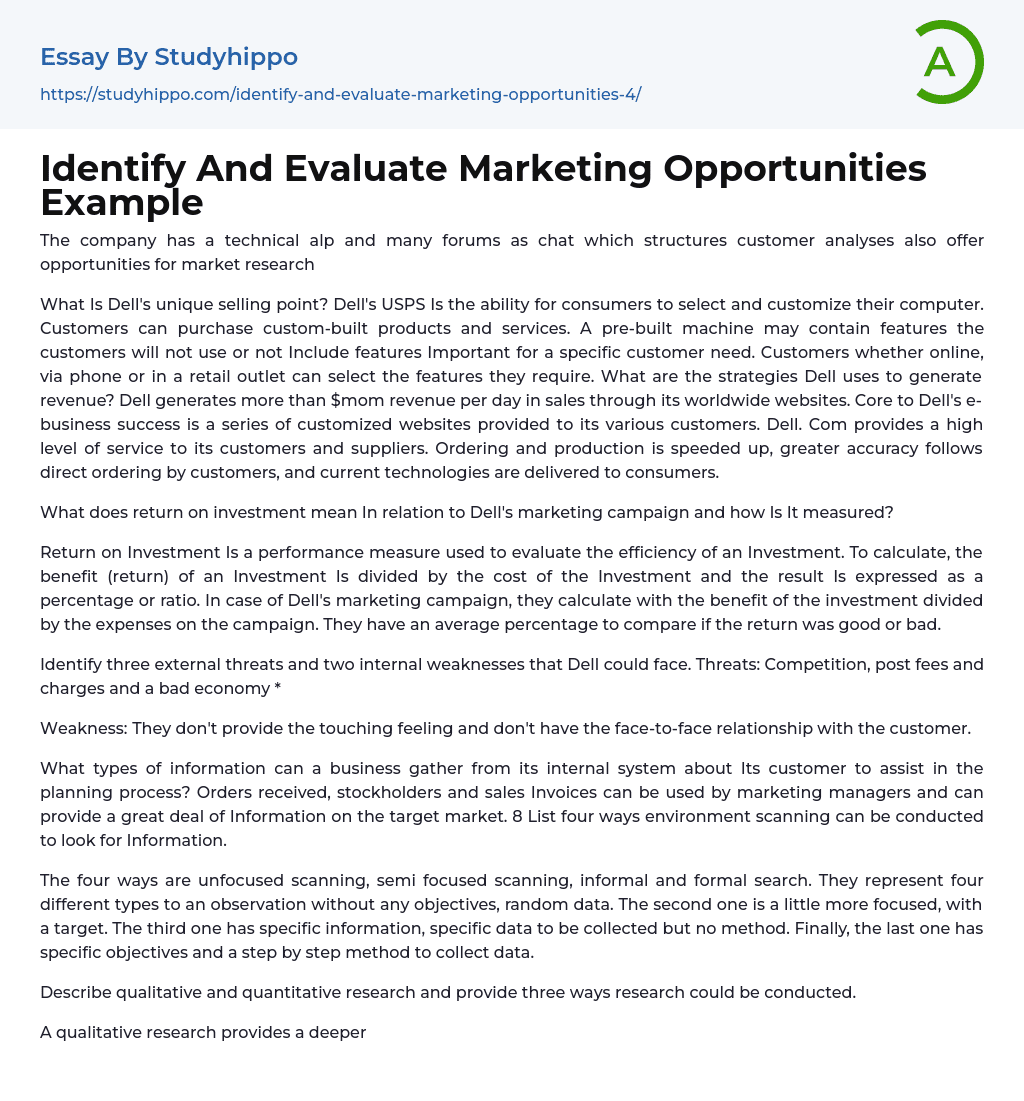 Identify And Evaluate Marketing Opportunities Example Essay Example