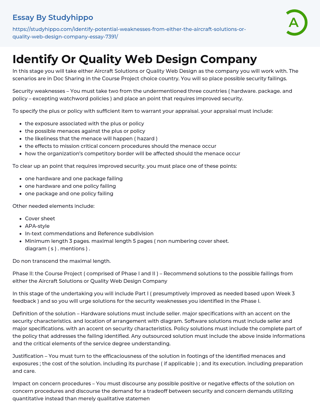 Identify Or Quality Web Design Company Essay Example