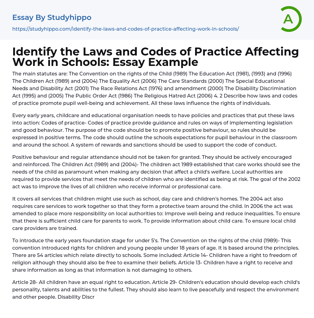 Identify the Laws and Codes of Practice Affecting Work in Schools: Essay Example
