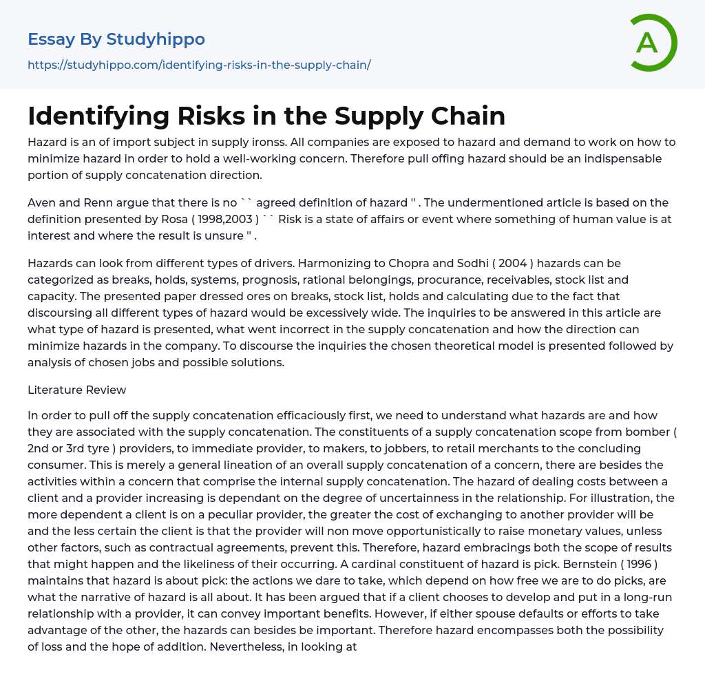 Identifying Risks in the Supply Chain Essay Example