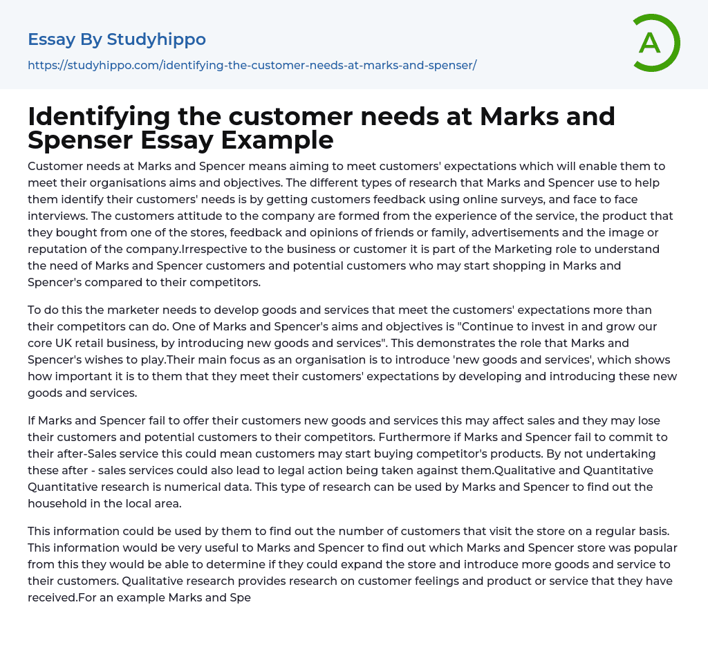 Identifying the customer needs at Marks and Spenser Essay Example