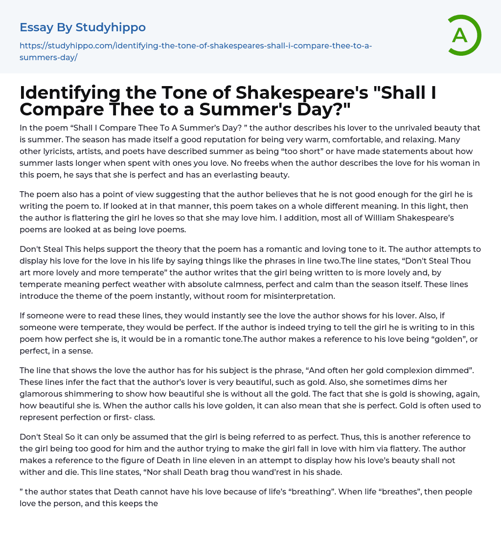 Identifying the Tone of Shakespeare’s “Shall I Compare Thee to a Summer’s Day?” Essay Example