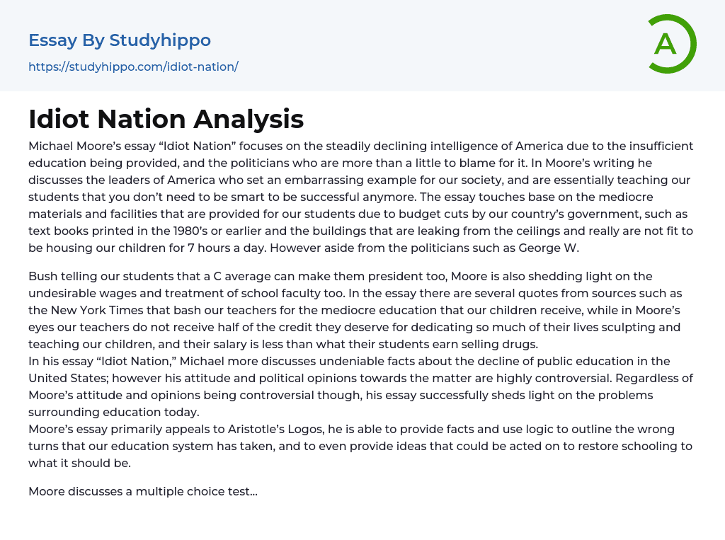 Idiot Nation Analysis Essay Example