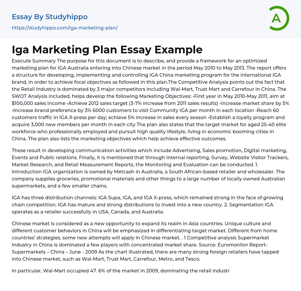 Iga Marketing Plan Essay Example