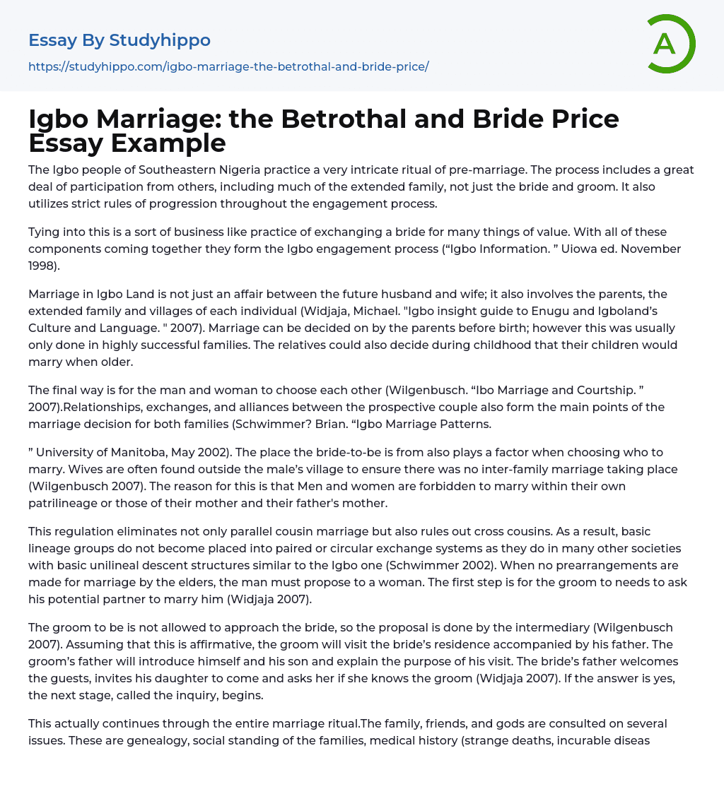 Igbo Marriage: the Betrothal and Bride Price Essay Example