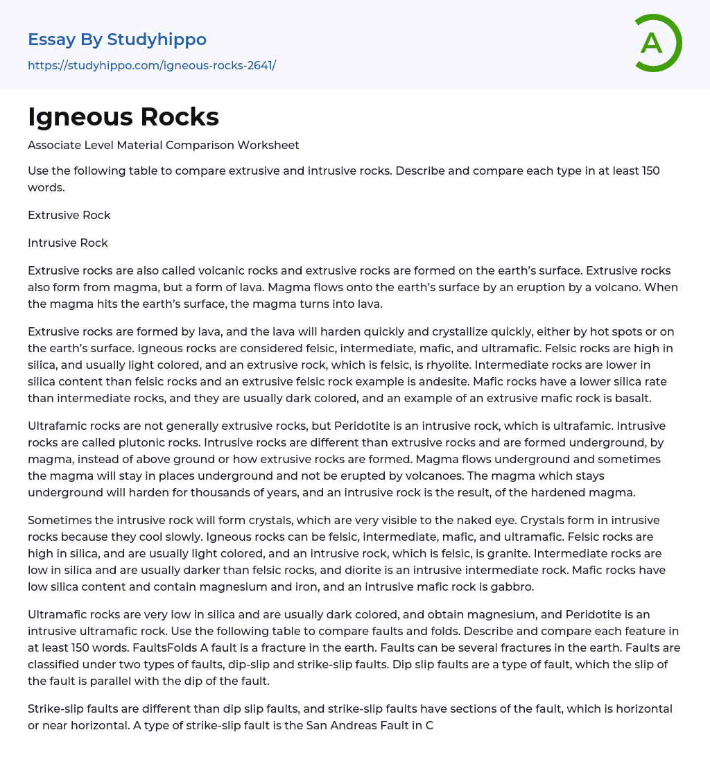 Igneous Rocks Essay Example