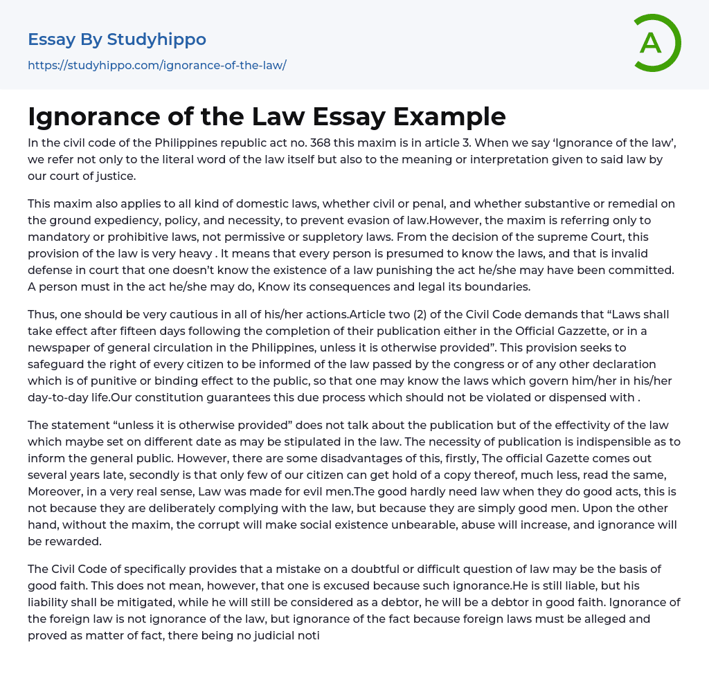 Ignorance of the Law Essay Example
