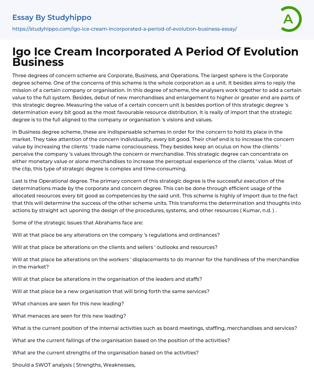 Igo Ice Cream Incorporated A Period Of Evolution Business Essay Example