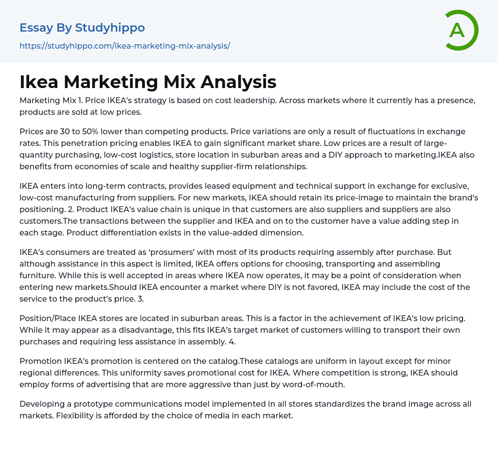 Ikea Marketing Mix Analysis Essay Example