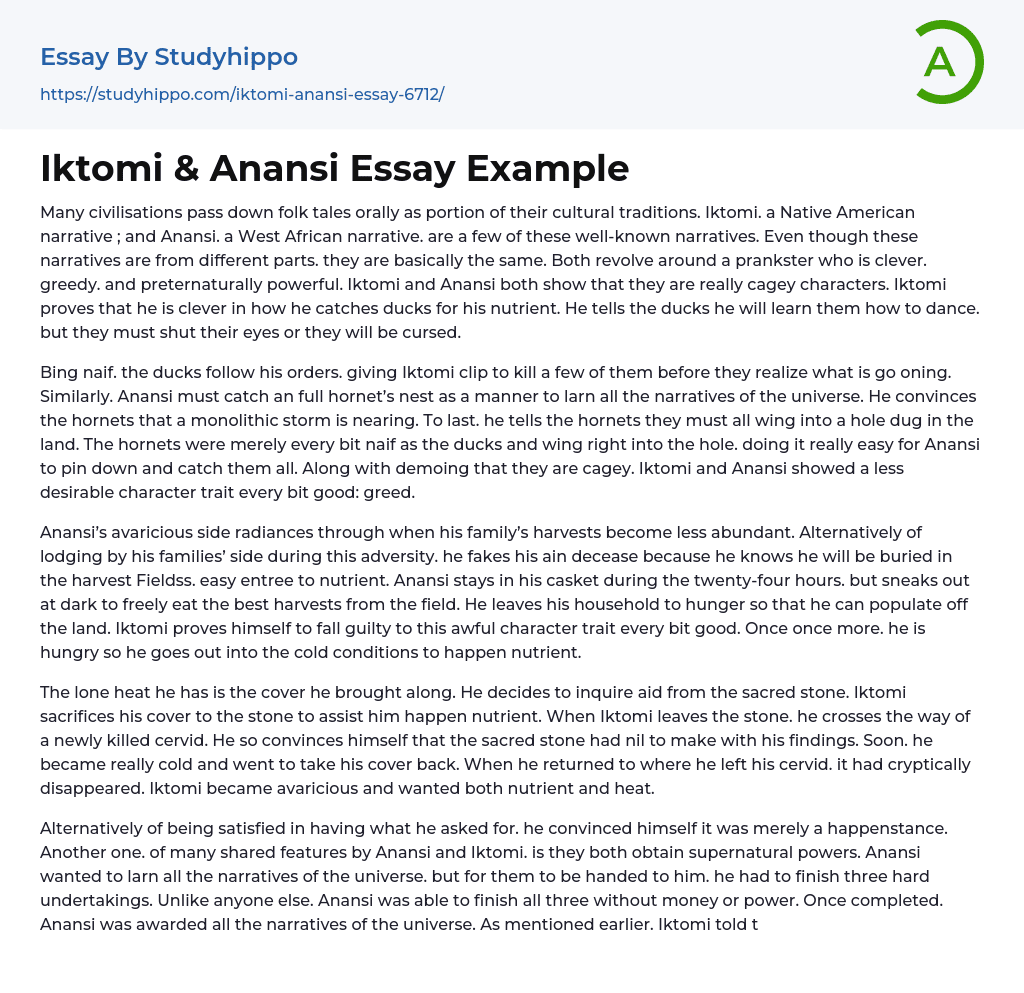 Iktomi & Anansi Essay Example