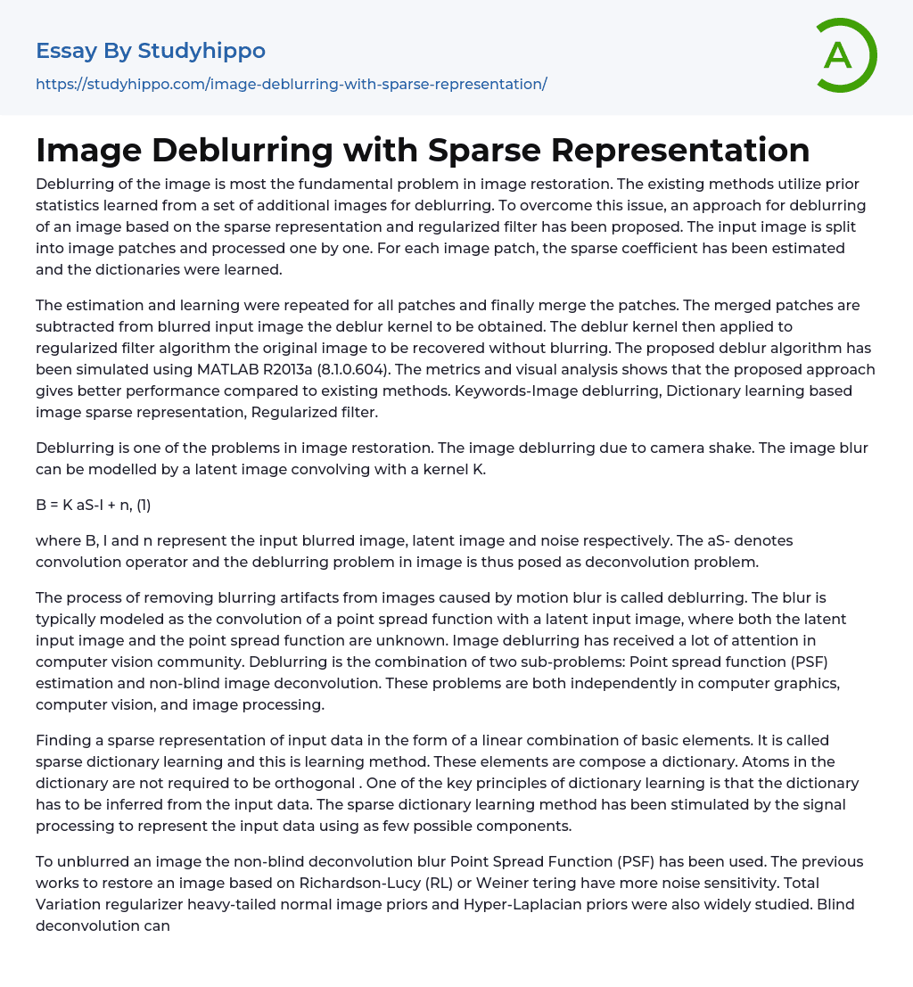 Image Deblurring with Sparse Representation Essay Example